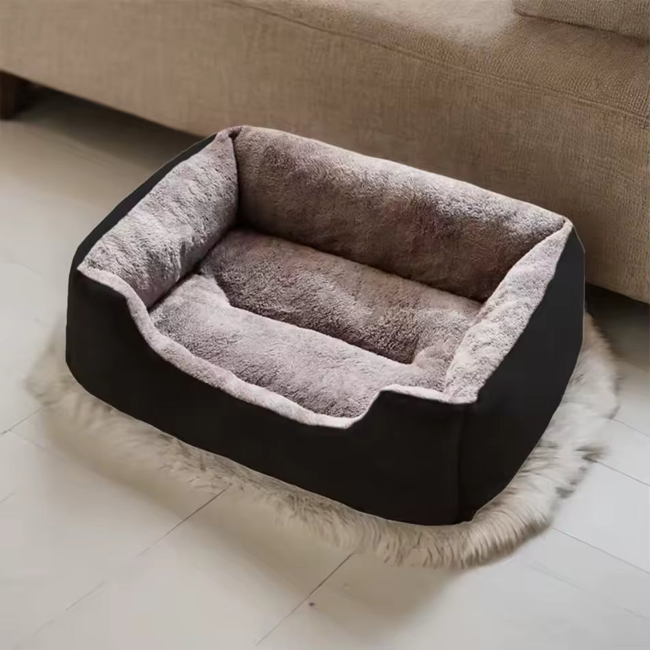 Pet bed with plush interior on a light wooden floor.