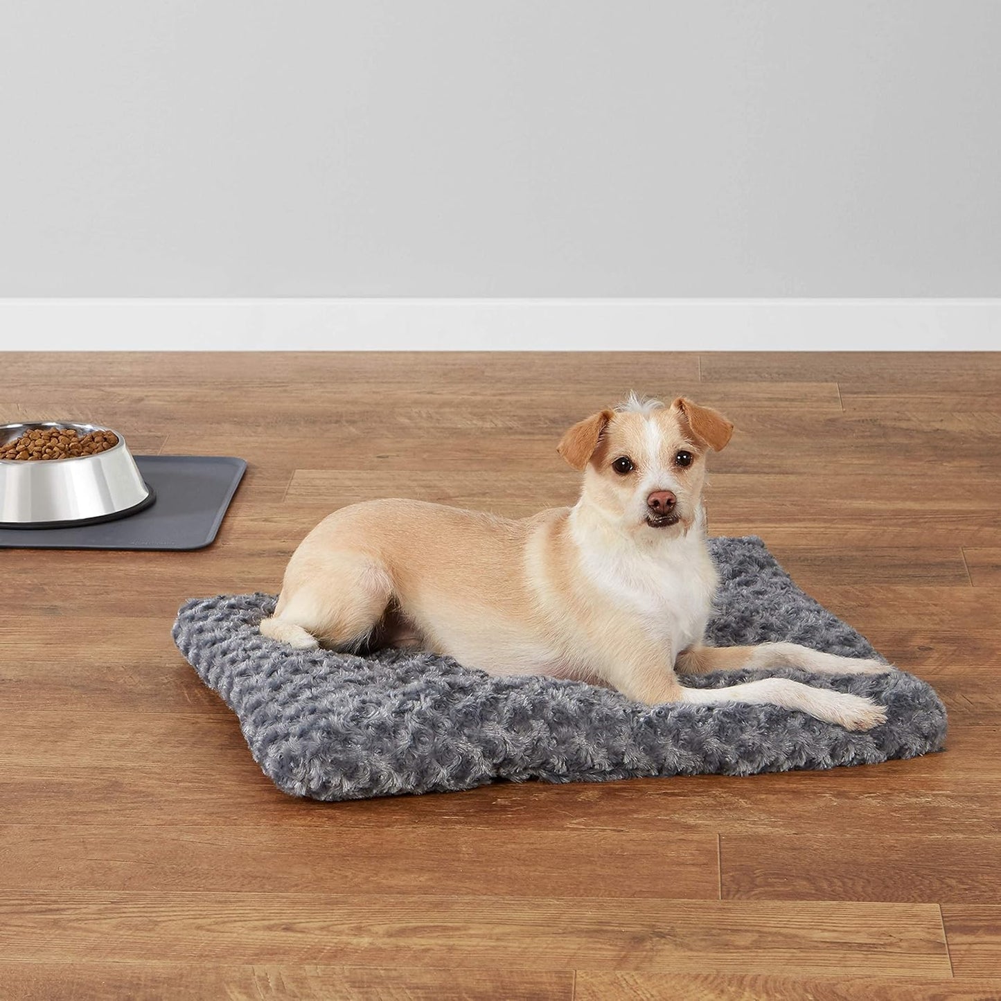 Dog sitting on a gray pet bed with a bowl of food nearby on a wooden floor.