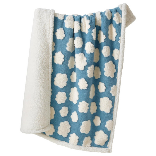 Blue blanket with white cloud pattern and white border on a white background